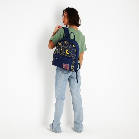 Backpack school textile art, with an overflowing patch, the color of the dark blue-6