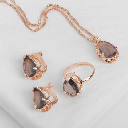 Set 3 objects: earrings, pendant, ring dimensionless "Edel" drop, gray color in gold, 45cm