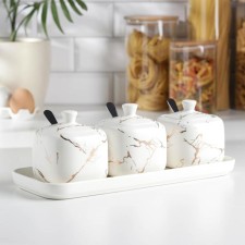 A set of ceramic cans for bulk products with spoons on the Gold stand, 3 items: 460 ml, white color