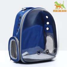 The backpack for carrying animals is transparent, 31 x 28 x 42 cm, blue