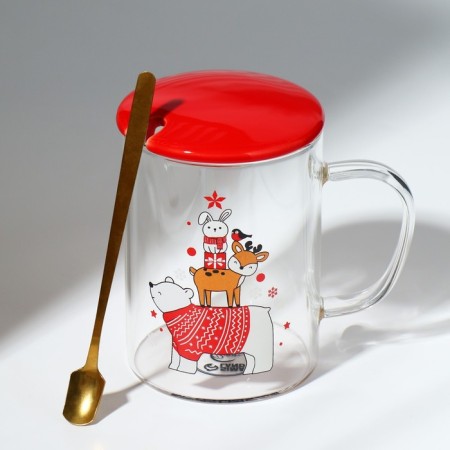 Glass mug with a spoon and cover "Beast", 470 ml-4