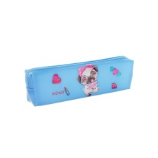 School Penal on the zipper of a blue dog
