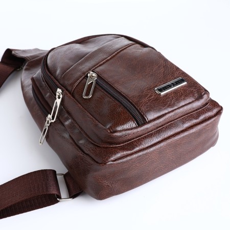 Male sling bag, artificial leather, headphone opening, brown color-6