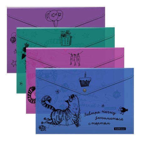 A set of converts on the A4 button, 160 μm, Erichkrause Zen Cats, translucent, 4 pcs., Glossy, with print, mix