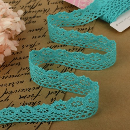 Knitted lace, 25 mm × 2.7 ± 0.5 m, turquoise color