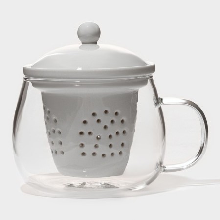 Glass mug for brewing with ceramic sieve "Tenderness", 300 ml, white color