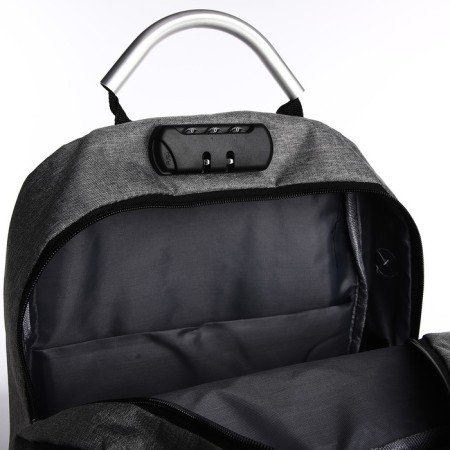 Male backpack on lightning, external pocket, code lock, suitcase mount, gray color.-7
