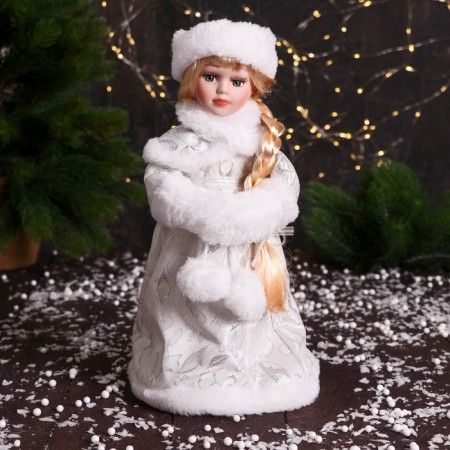 Snow Maiden "In a clutch with fur bombs" 33 cm, silver-white