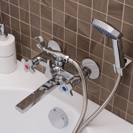 Bath mixer RMS SL115-142E, two-wound, short spout, with a shower set, chrome-3