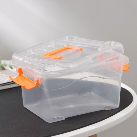 The storage container is plastic, 20 × 15 × 11 cm, a cover with a handle on a latch, matte-3