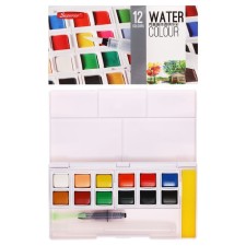 Watercolor paints, + 1 brush, in a plastic box, 12 colors