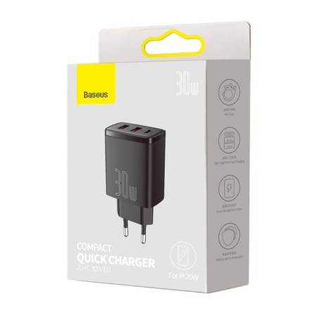 Charger Baseus Compact Quick Charm 2*USB+USB-C, 3A, 30W, Black-8