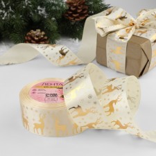 A satin tape with a “deer” embossed, 40 mm, 23 ± 1 m, beige color/gold No. 02