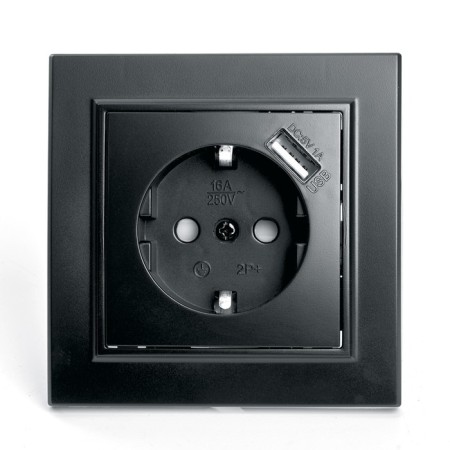1-seater socket s/h 250V, 16A with a protective curtain and with USB, Stekker Erna, PST16-9011-03, black 1022447