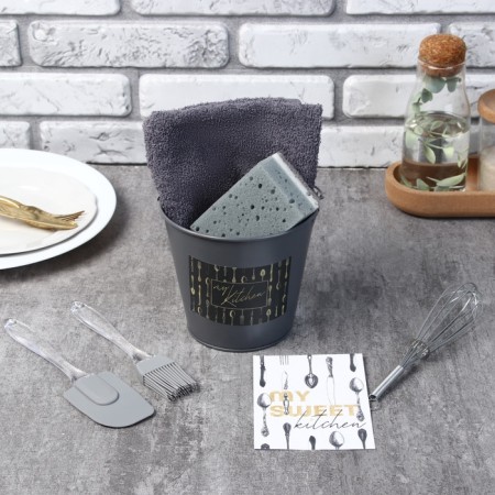 Gift kit Kitchen: bucket, towel 35x60, spatula, brush, corolla, sponge-2
