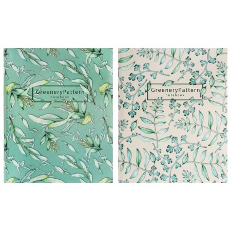 A notebook of 96 sheets in a cage, Greeenery Patterns, cover coated cardboard, glossy lamination, offset block, 2v mix