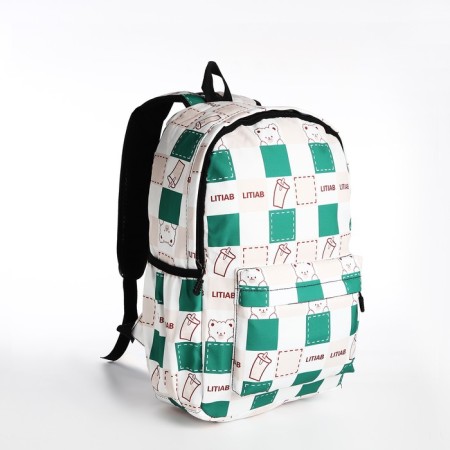 Youth backpack from textiles, 3 pockets, milk/green color-2