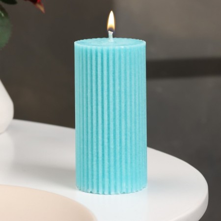 Candle-cylinder with faces, 5x10 cm, turquoise, 6 hours