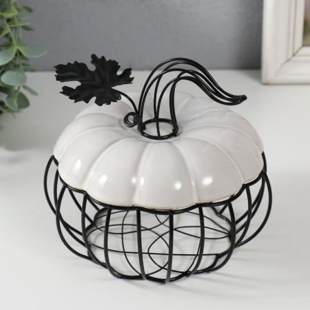 Casket Metal, ceramics "Pumpkin with a leaf" White with black 14x14x13 cm-3