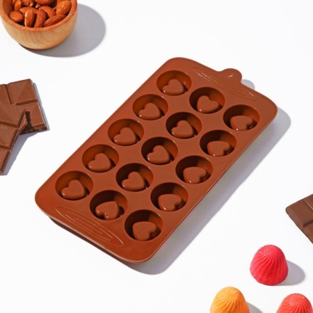Form for chocolate of the share "Heart", silicone, 23.2 × 12 × 1 cm, 15 cells (d = 3.3 cm), brown color-1
