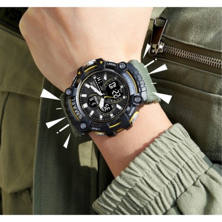 Watch is an electronic watch, with an alarm clock, D-5.8 cm, strap L-26 cm, 5 ATM, green strap 974232-1