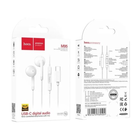 Hoco M95 headphones, wired, inserts, Type-C, 1.2 m, white-9