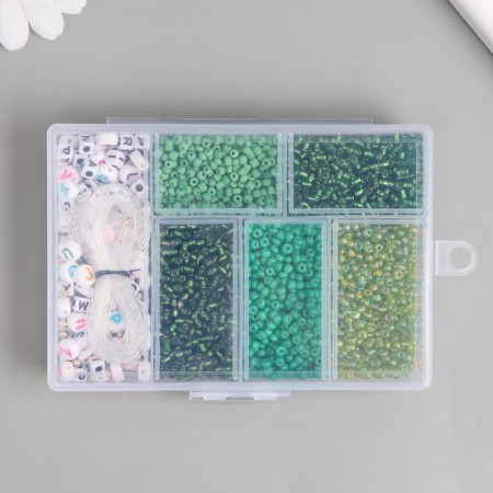 Glass 8/0 in the box "Green" beads + thread 0.8 mm 5 m 12x8.4x2.2 cm-3