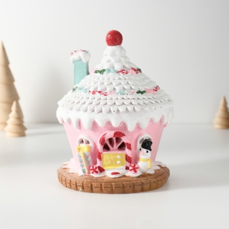 Souvenir Polystone Light "Gingerbread House Pink in the Glazes with a snowman" 11.5x11.5x15 cm