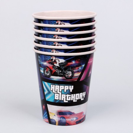 A one -time paper glass Happy Birthday racer, set 6 pcs, 250 ml-1