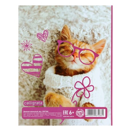 Diary for grades 1-4, "kitten in hearts", solid cover 7BC, glossy lamination, 48 sheets-9
