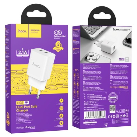 Network charger HOCO N25, 2 USB, 2.1 a, white-2