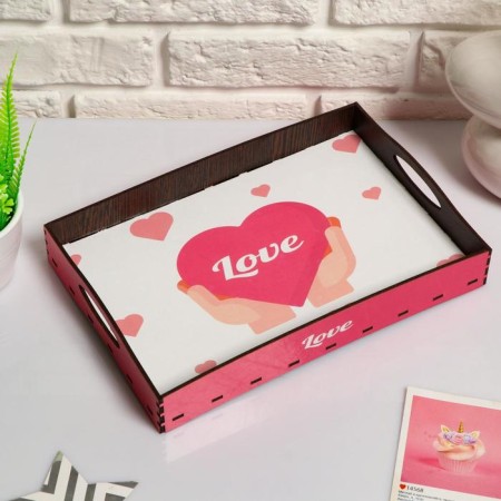 Tray with handles "Love, heart", wooden, 30x20x4.5cm
