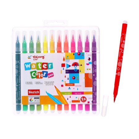 A set of watercolor markers with a 24 -pcs/24 -finge tips in a plastic pencil case