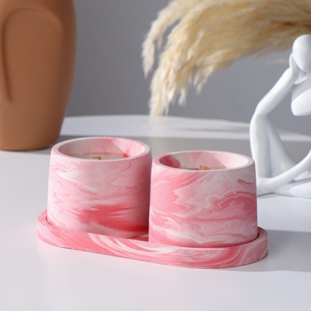 Candles in concrete on the stand "Loft", soy wax, wooden wick, white-pink