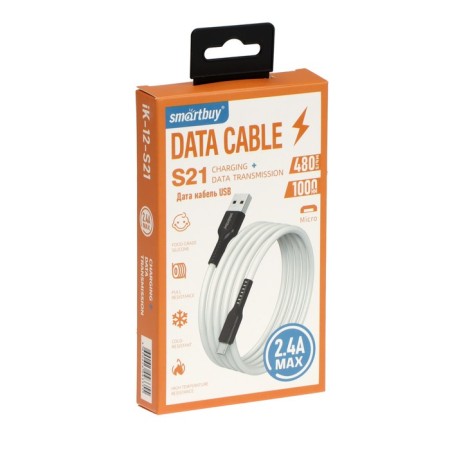 Smartbuy S21, microUSB cable - USB, 2.4 A, 1 m, charging + data transfer, white-3