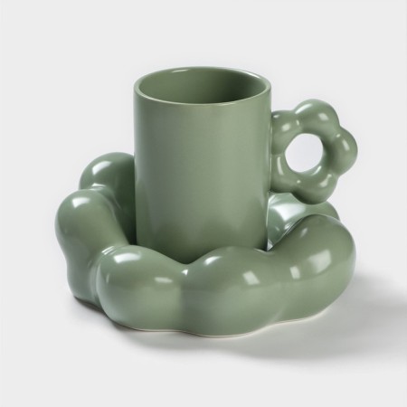 Coffee steam ceramic "chamomile", 2 items: a mug 260 ml, a saucer d = 17 cm, green color