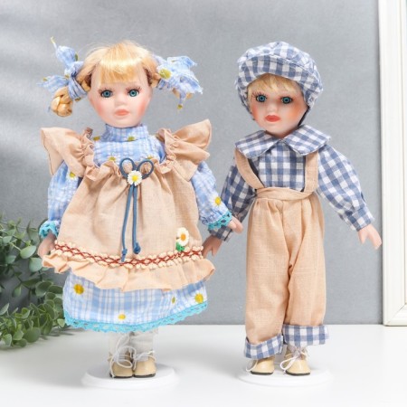 Doll Collectible couple "Lisa and Kolya, outfits in chamomile" set 2 pcs 30 cm