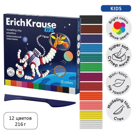 Plasticine 12 colors, 216 g, Erichkrause "Kids Space Animals", with a glass, in cardboard packaging