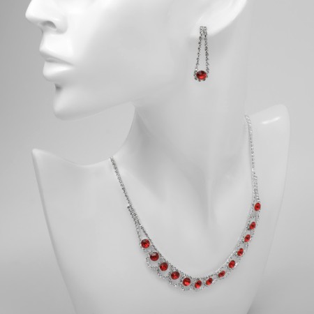 Set 2 objects: earrings, necklace "Listopad" circles, red-white color in silver, 32 cm