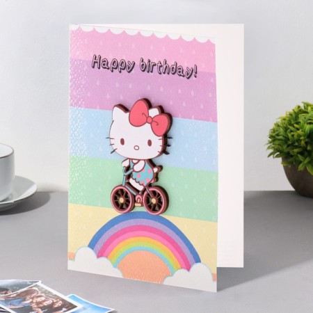 A postcard with a wooden element "Happy Birthday!" Handmade, bicycle, 14.7x10.5 cm
