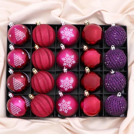Set of balls plastic D-6 cm, 20 pcs "Lauren Snowflake" purple-red
