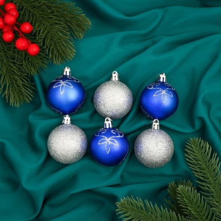 Set of balls plastic D-5 cm, 12 pcs "Agnet" flowers, silver-blue