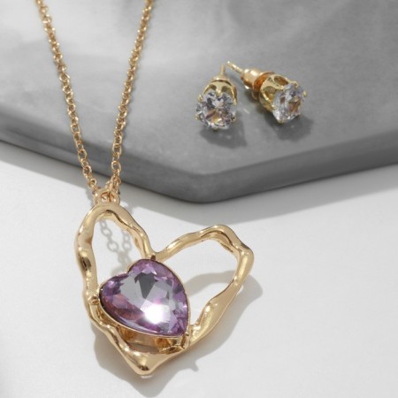 Set 2 objects: earrings, pendant "heart" duet, white-pink color in gold, 40 cm