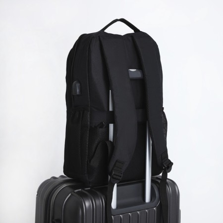 Male backpack on lightning, 3 outer pockets, a USB connector, a suitcase mount, dark gray color-7