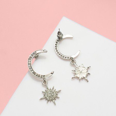 Earrings with rhinestones "crescent and star" dazzling, white color in silver-1