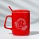 Ceramic mug with a spoon and lid "Miracles Time", 400 ml, red color