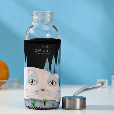 A glass bottle in a Cunning cat case, 300 ml, h = 17 cm, MIX drawing-1