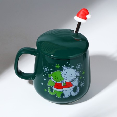 Ceramic mug with a spoon of "love in the new year", 350 ml, green color-2