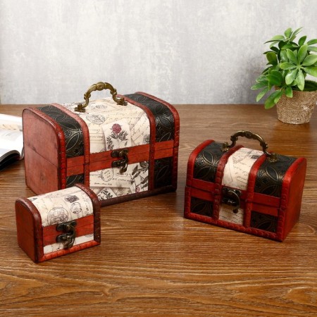 Casket wood chest (set 3 pcs) "Expedition" 9x6x7 cm; 14x9.5x9 cm; 19x13x13 cm