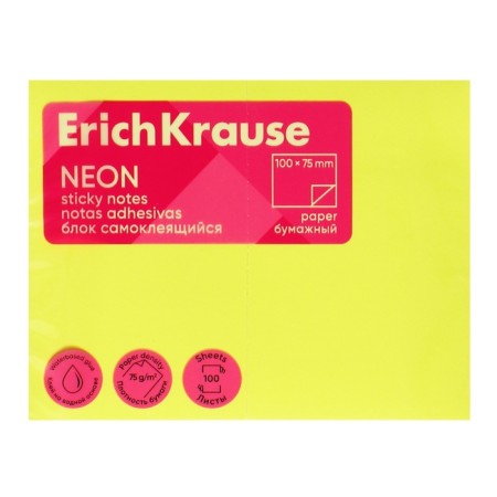 Block with a sticky edge paper 100x75 mm, Erichkrause "Neon", 100 sheets yellow-1